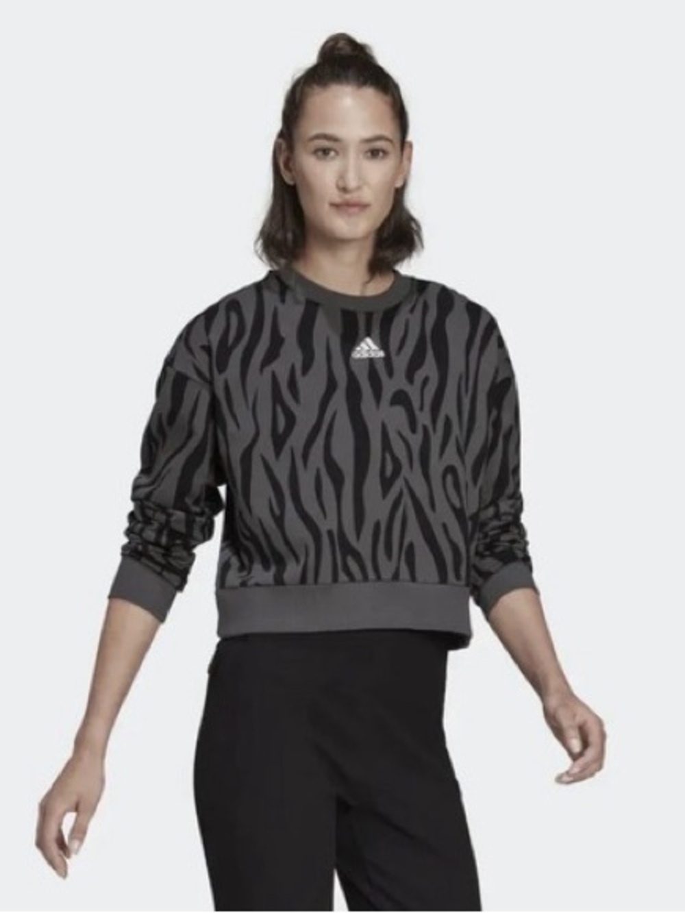 Adidas Gray & Black Tiger Print Crew Neck Boxy Cropped Sweater NWOT
